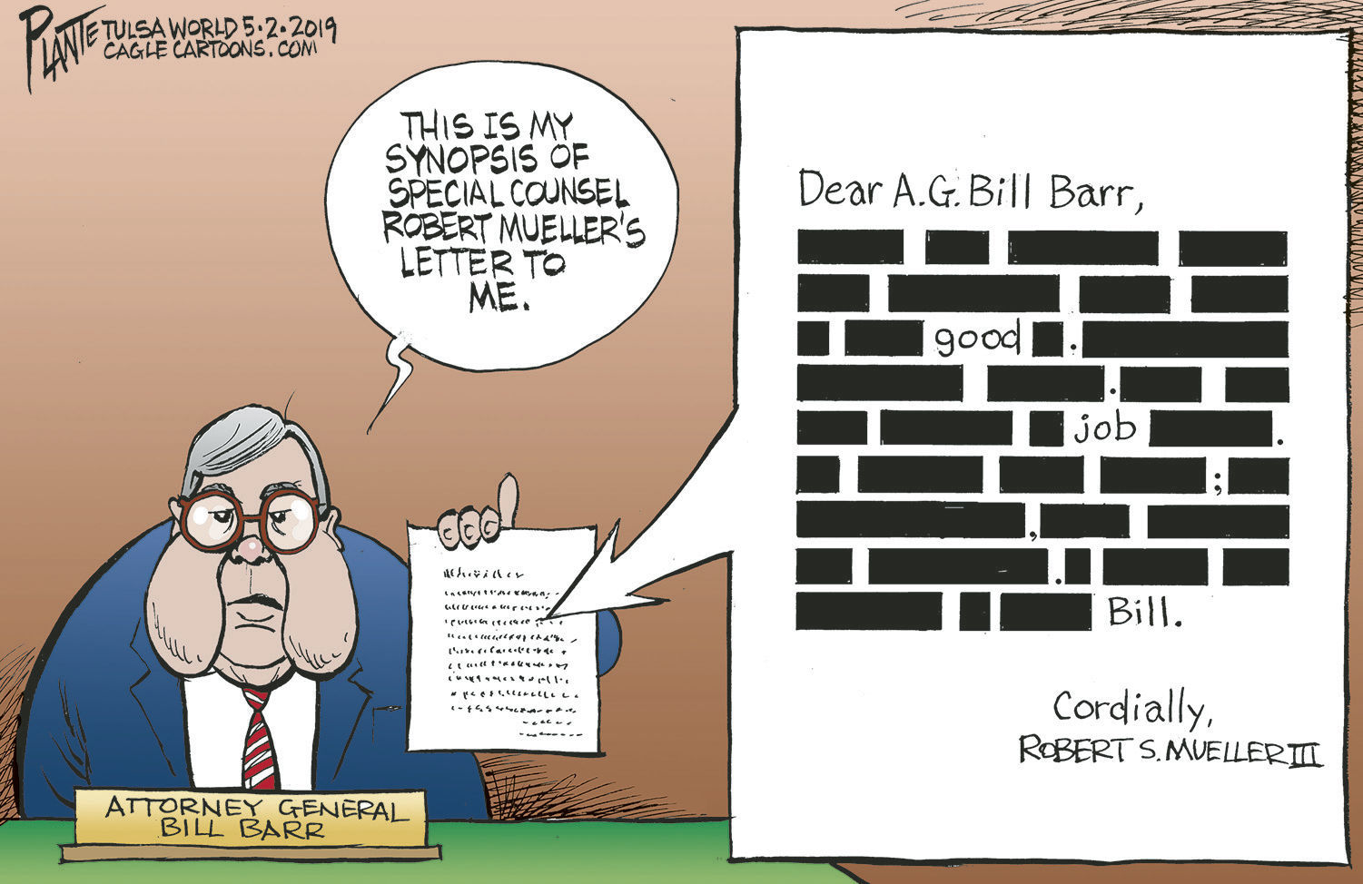 Bruce Plante Cartoon: Mueller's letter to Barr